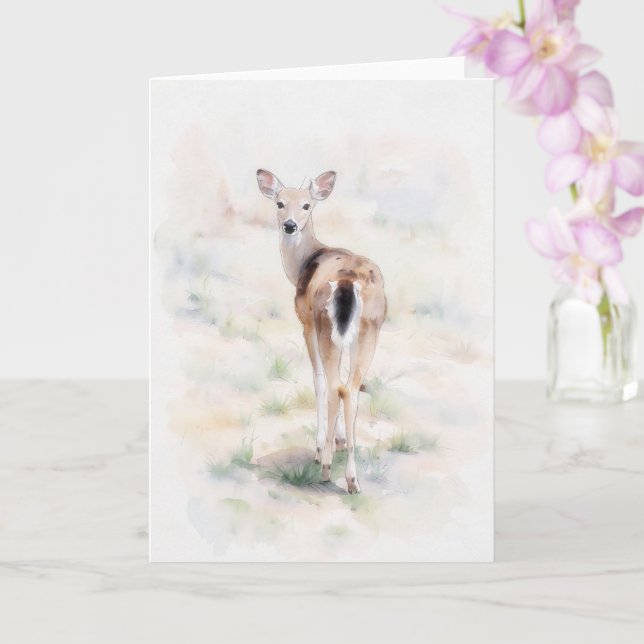Sweet Deer Watercolor Style Art Note Card (Orchid)