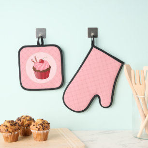 Sweet Delicious Cherry Cupcake Oven Mitt & Pot Holder Set