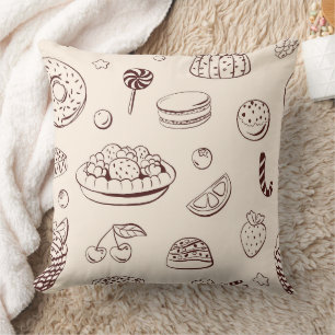 Sweet Desserts & Berry Pie Line Art Pattern Cushion