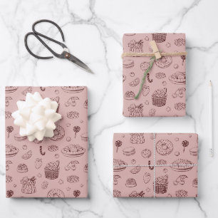 Sweet Desserts & Berry Pie Line Art Pattern Wrapping Paper Sheet