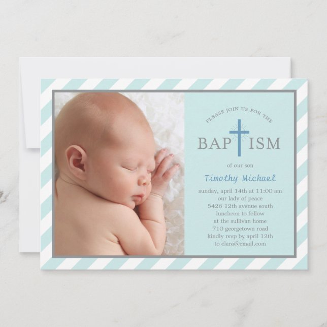 Sweet Diagonals Photo Baptism Invitation - Blue (Front)