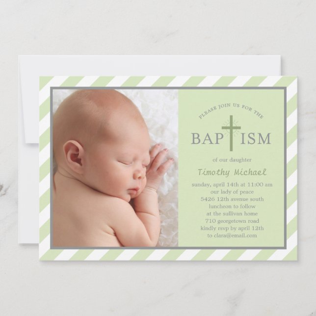 Sweet Diagonals Photo Baptism Invitation - Green (Front)