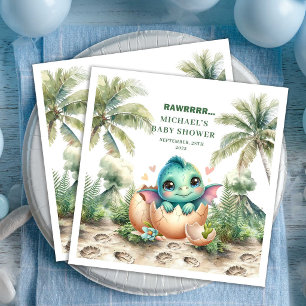 Sweet Dino Baby Shower Hatching Soon Name Napkins