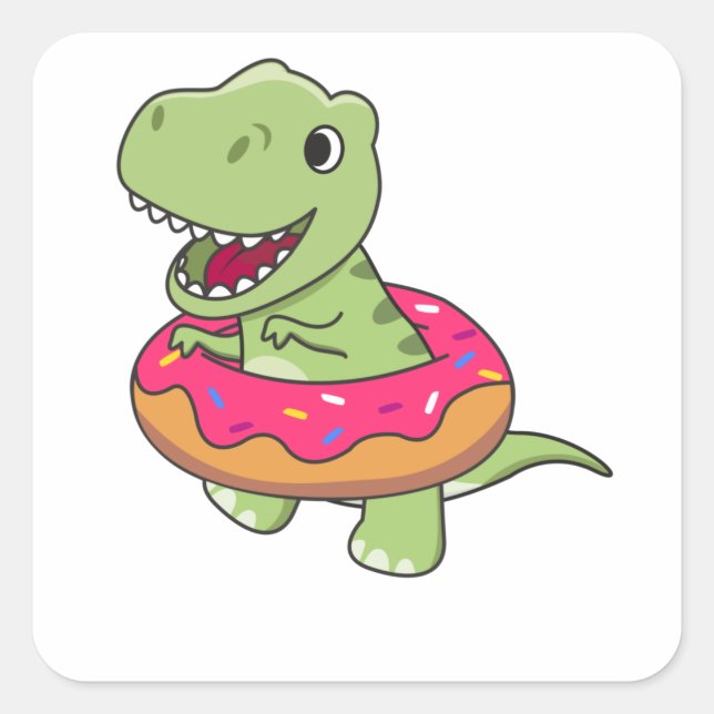 Sweet Dino T-Rex Funny Animals In Doughnut Pink Square Sticker (Front)