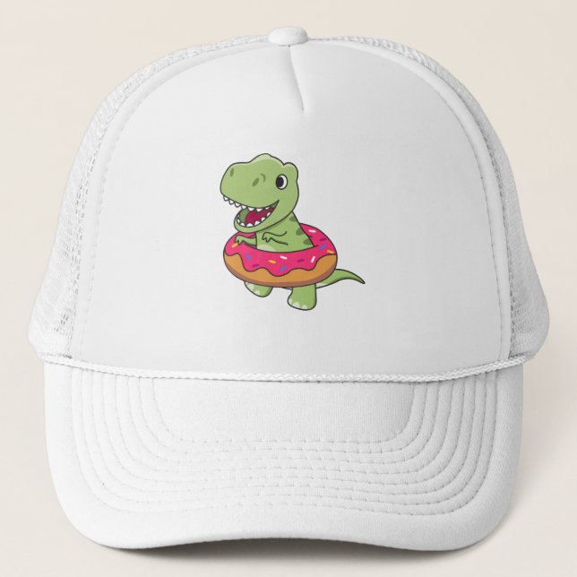 Sweet Dino T-Rex Funny Animals In Doughnut Pink Trucker Hat (Front)