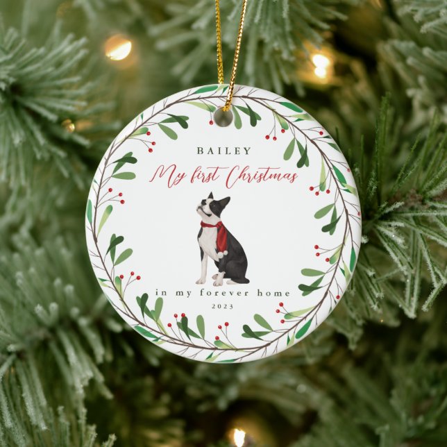 Sweet Dog's First Christmas with Name and Year Ceramic Tree Decoration (Tree)