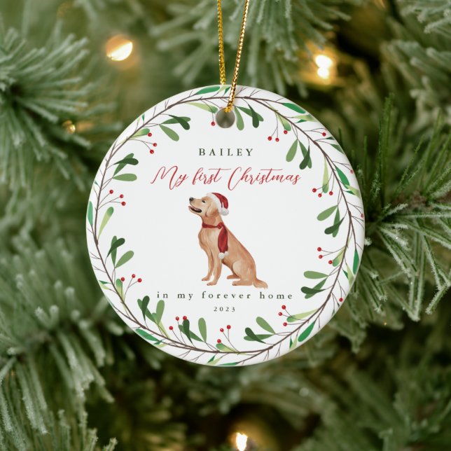 Sweet Dog's First Christmas with Name and Year Ceramic Tree Decoration (Tree)