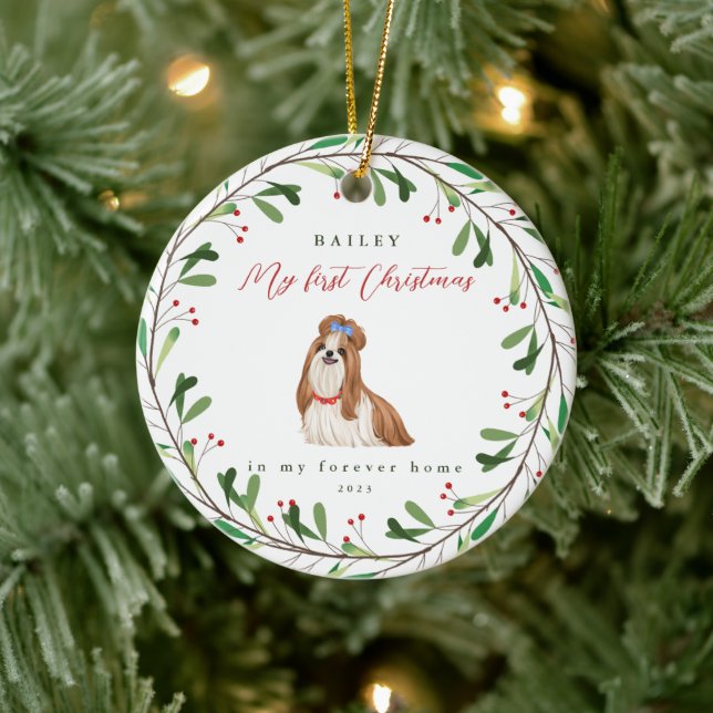 Sweet Dog's First Christmas with Name and Year Ceramic Tree Decoration (Tree)