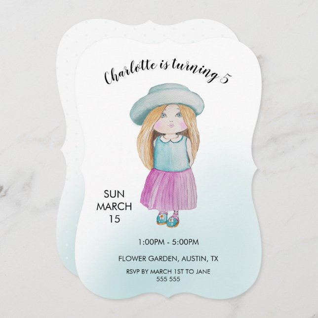 Sweet Doll Watercolor Hand-painted Holiday Card (Front/Back)