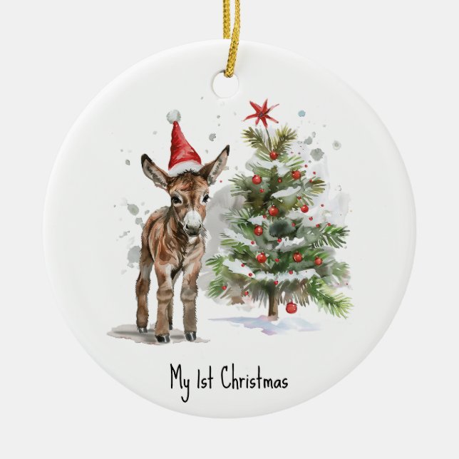 Sweet Donkey's First Christmas, custom Ceramic Tree Decoration (Front)