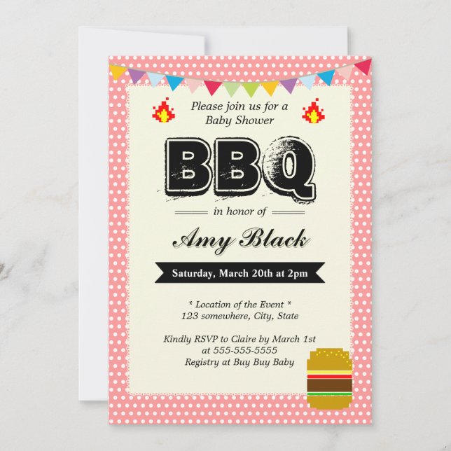 Sweet Dots Pink Baby Shower BBQ Party Invitations (Front)
