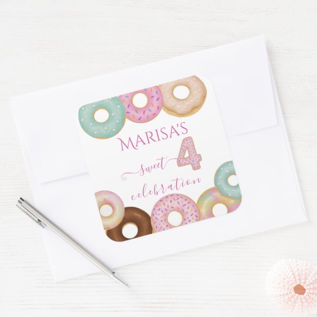 Sweet Doughnut Birthday | Colourful Kids Party -  Square Sticker (Envelope)