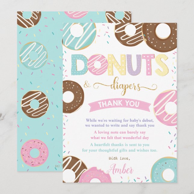 Sweet Doughnuts and Diapers Doughnuts Baby Shower Thank You Card (Front/Back)