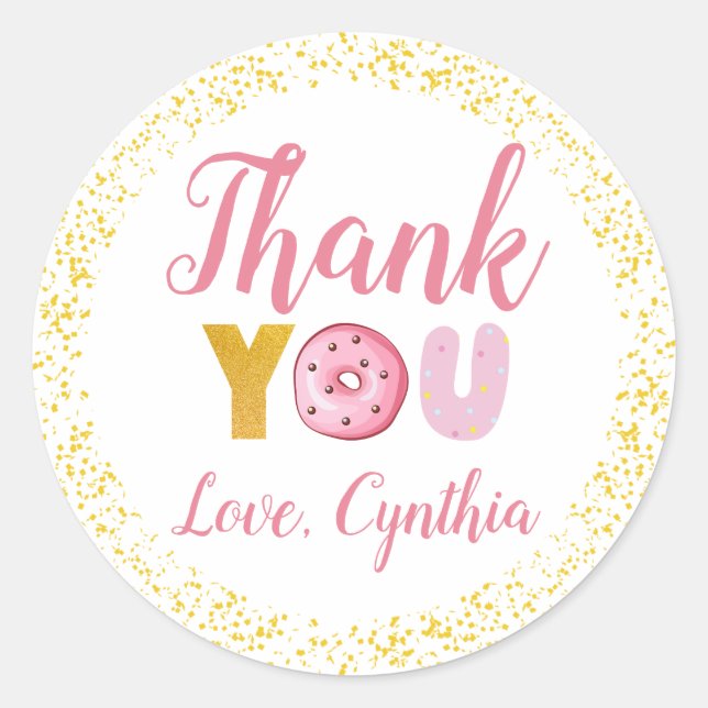 Sweet Doughnuts Party Gold Glitter Thank You Classic Round Sticker (Front)