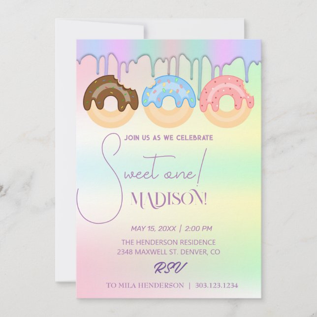 Sweet doughnuts, rainbow colours, sweet first birt invitation (Front)