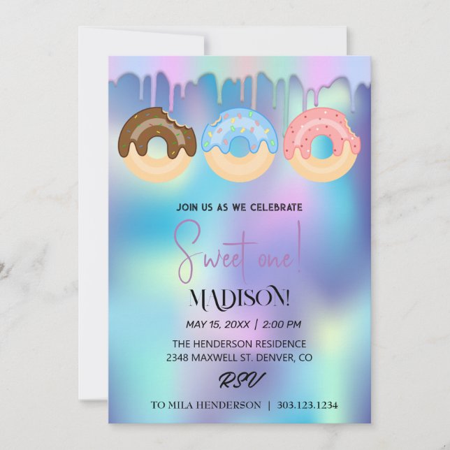 Sweet doughnuts, rainbow colours, sweet first birt invitation (Front)