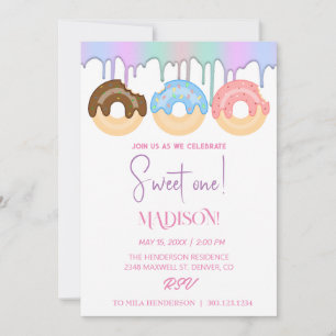 Sweet doughnuts, rainbow colours, sweet first birt invitation