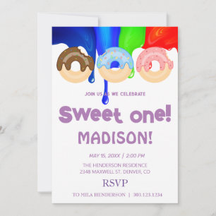 Sweet doughnuts, rainbow colours, sweet first birt invitation
