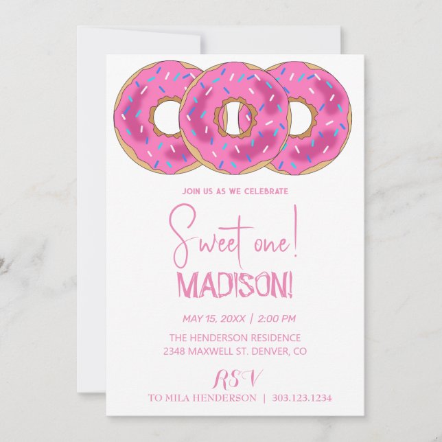 Sweet doughnuts, rainbow colours, sweet first birt invitation (Front)