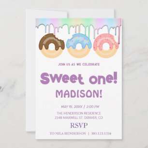 Sweet doughnuts, rainbow colours, sweet first birt invitation