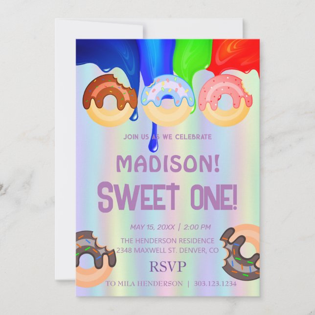 Sweet doughnuts, rainbow colours, sweet first birt invitation (Front)