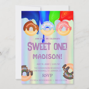 Sweet doughnuts, rainbow colours, sweet first birt invitation