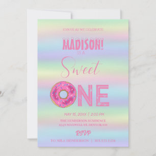 Sweet doughnuts, rainbow colours, sweet first birt invitation