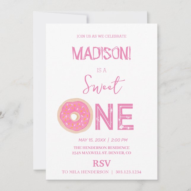 Sweet doughnuts, rainbow colours, sweet first birt invitation (Front)