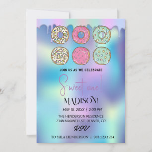 Sweet doughnuts, rainbow colours, sweet first birt invitation