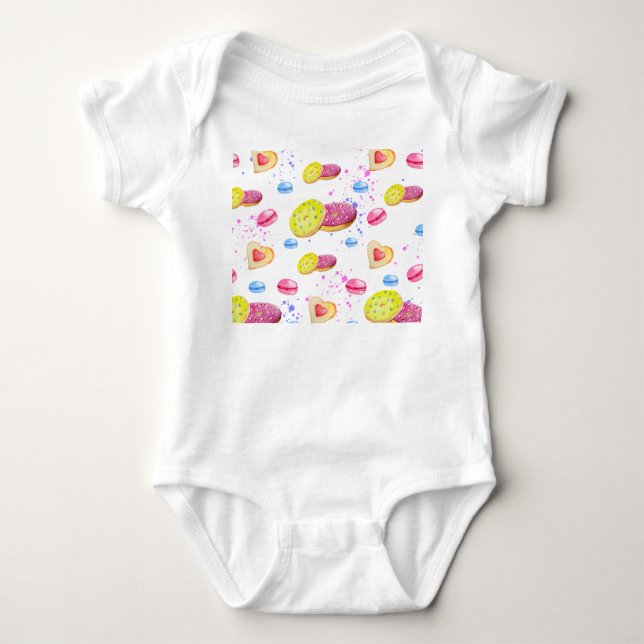 Sweet doughnuts with colourful glaze pattern baby bodysuit (Front)