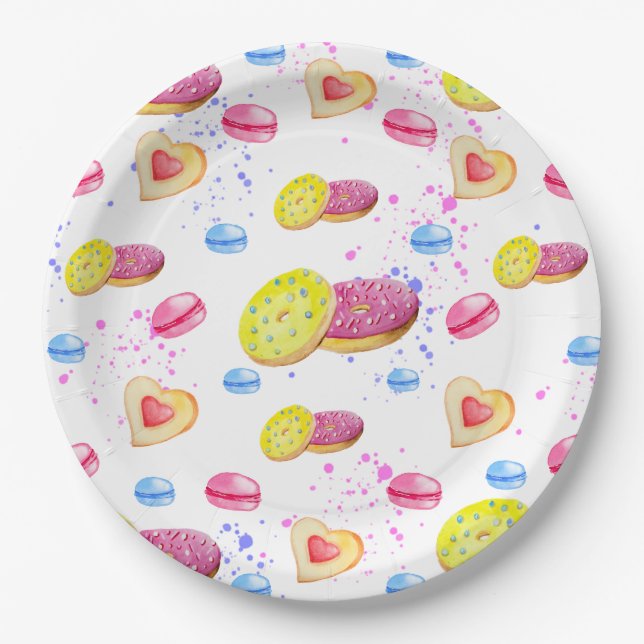 Sweet doughnuts with colourful glaze pattern paper plate (Front)