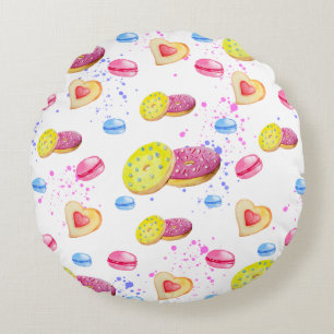 Sweet doughnuts with colourful glaze pattern round cushion