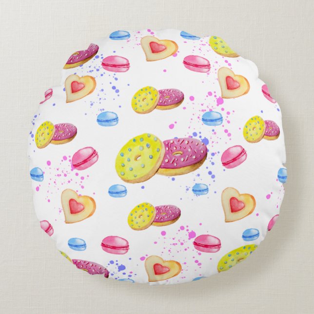 Sweet doughnuts with colourful glaze pattern round cushion (Front)