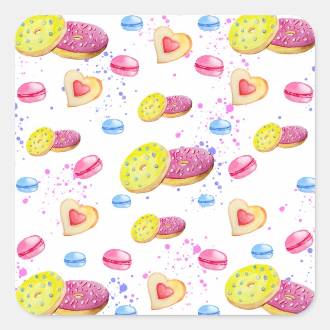 Sweet doughnuts with colourful glaze pattern square sticker (Front)