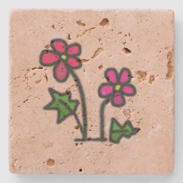 Sweet Drawn Pink Flowers Stone Coaster (Front)