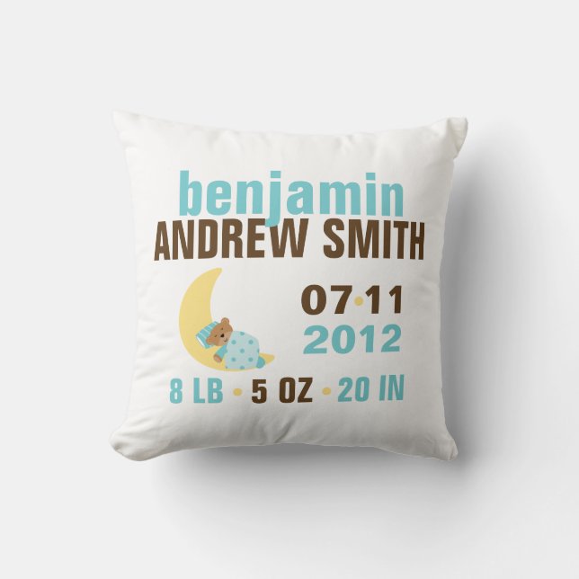 Sweet Dreams Baby Bear Birth Announcement {blue} Cushion (Front)