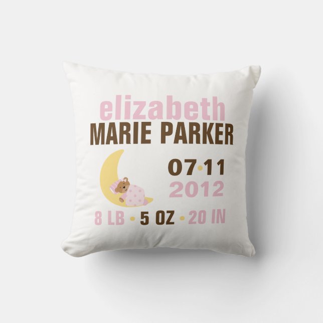 Sweet Dreams Baby Bear Birth Announcement {pink} Cushion (Front)