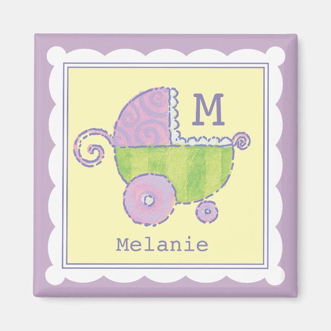 Sweet Dreams Baby Carriage Lavender Monogrammed Magnet (Front)