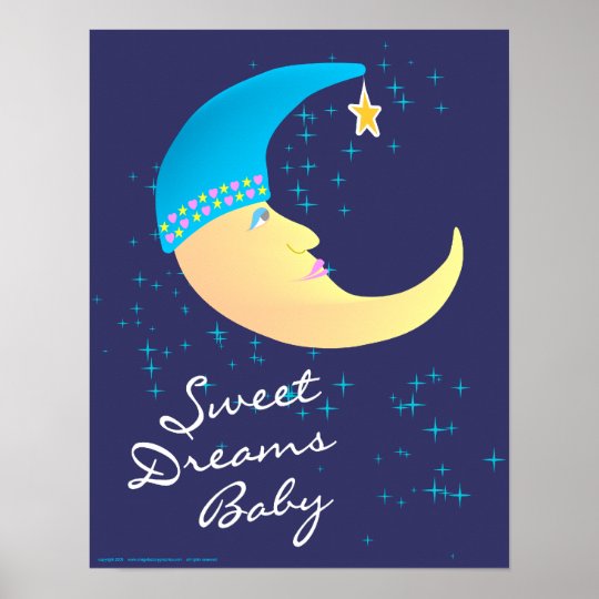 Cresent Cute Moon Sleeping Sweet Dreams Nursery Wall Decor Art Poster Print