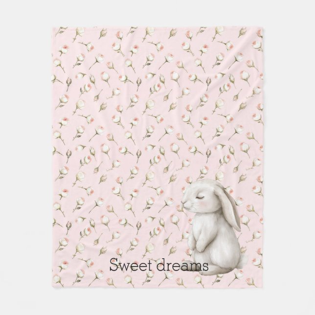 Sweet Dreams Bunny Rabbit Roses Pink Floral Fleece Blanket (Front)