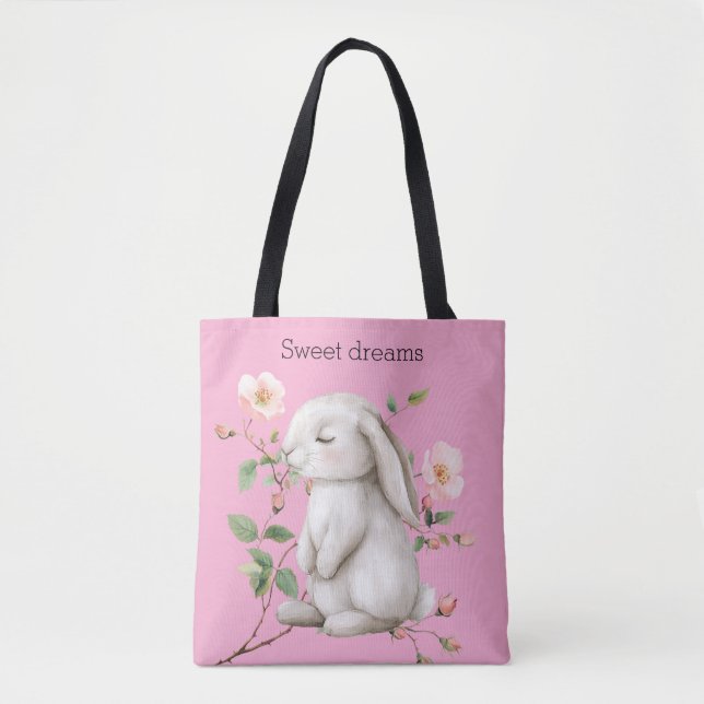 Sweet Dreams Bunny Rabbit Roses Pink Floral Tote Bag (Front)