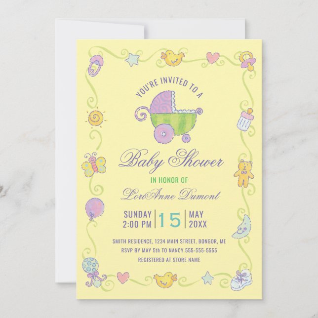 Sweet Dreams Carriage Yellow Baby Shower Invitation (Front)