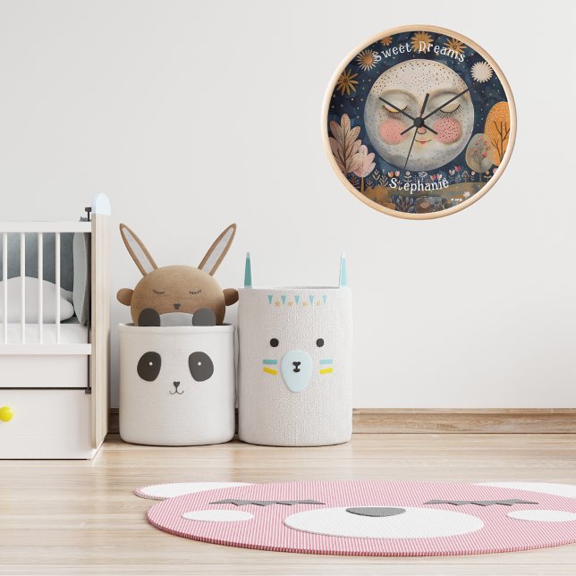 Sweet Dreams Celestial Moon Custom Name Cute Kids  Clock (Sweet Dreams Delestial Moon Kids Name Wall Clock)