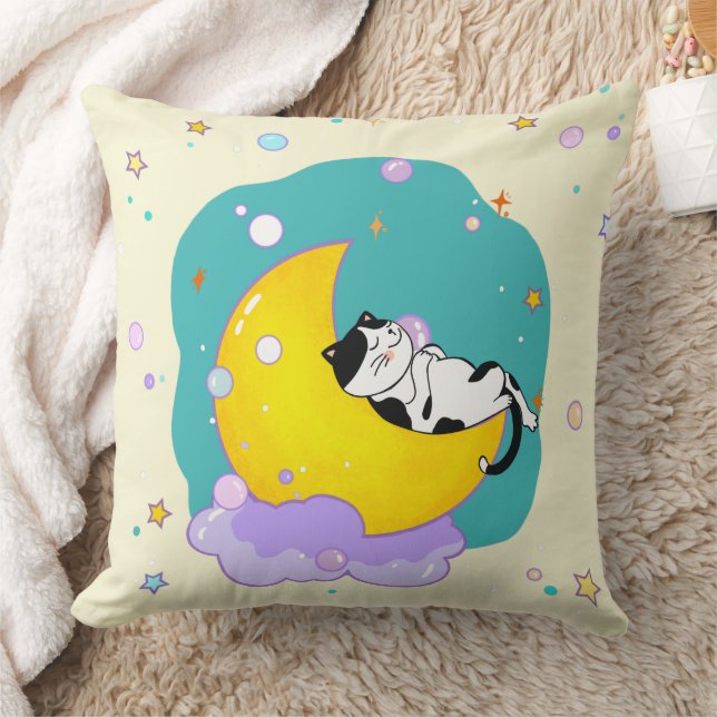 Sweet Dreams Cute Tuxedo Kitty Sleeping On Moon Cushion (Blanket)