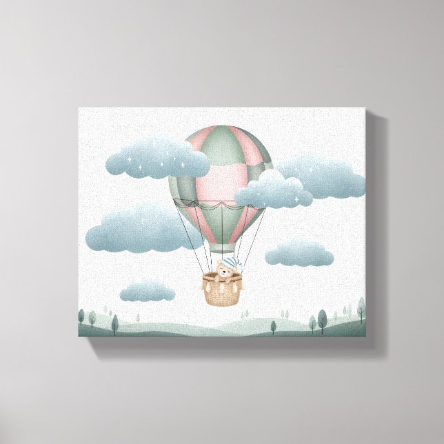 Sweet Dreams Dusty Green Bear Hot Air Balloon Art Canvas Print (Front)