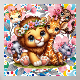 Sweet Dreams Floral Baby Jungle Animals Nursery Poster