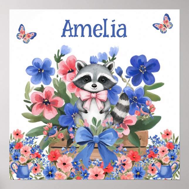 Sweet Dreams Floral Baby Raccoon & Child's Name  Poster (Front)
