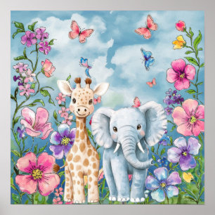 Sweet Dreams Floral Elephant & Giraffe Nursery Poster