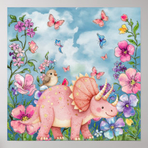 Sweet Dreams Floral Pink Rhino Nursery Poster