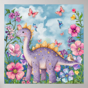 Sweet Dreams Floral Purple Dinosaur Nursery  Poster